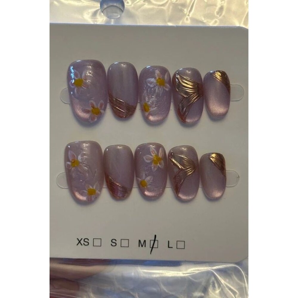 Pink Cat Eye Gold Floral Short Round Press On Nails Size Medium